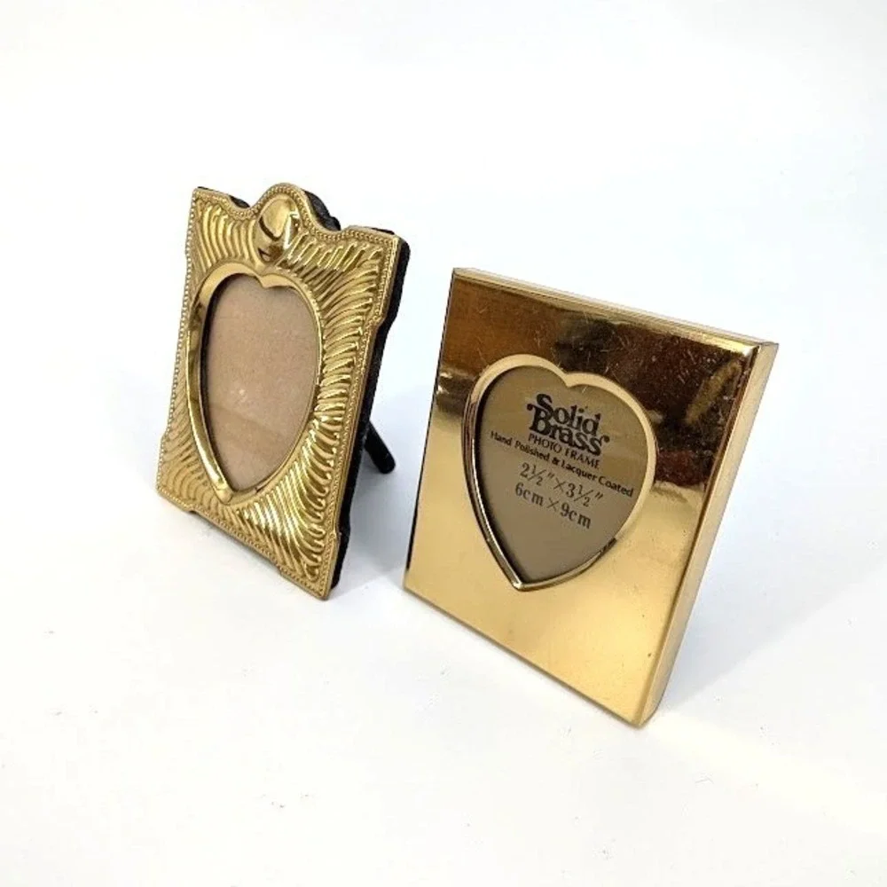 90s VtG Solid Brass Heart Mini Picture Frame Set Gold Tone Hand Polished 2.5x3.5